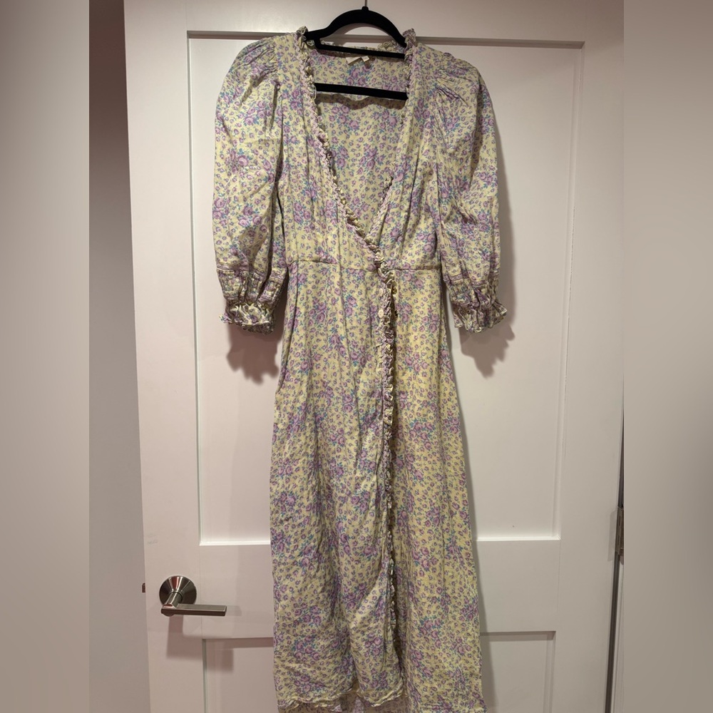 Loveshackfancy Floral Wrap Dress with Puff Sleeves cotton size 2.